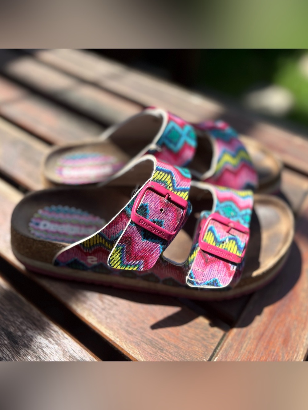 Desigual Aztec print pink cork sandals 5.5 two strap design
